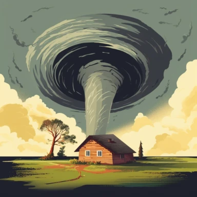 a clipart of a tornado shelter with a tornado on the horizon