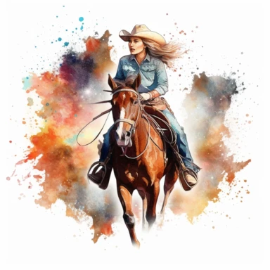Cowgirl rodeo riding a horse illustration, nebular mix background, clipart, photorealistic illustration, watercolor, high detail, 8k polished, 8k, vibrant colors, sticker, majestic, die cut, white background
