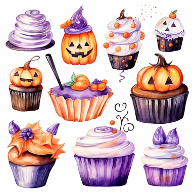Watercolor halloween dessert, cupcake,cookies,cake,candy,illustrations clipart set, witch,bat,pumpkin,simple, purple orange black white colors, cartoon elements, different variants, separate elements with a margin