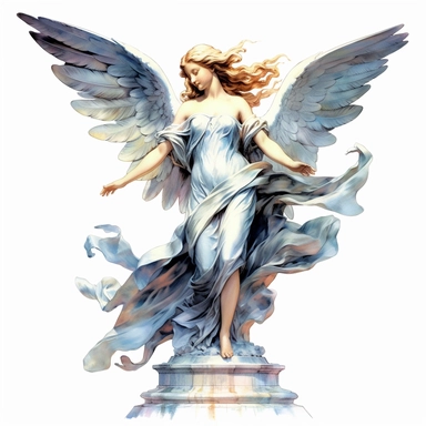 angel statue watercolour in the style of digital airbrushing, realistic yet stylized, digitally enhanced, elaborate costumes, 32k uhd, clipart, white background
