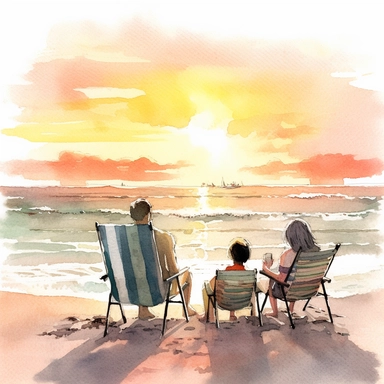 A family Enjoying sunset and sea waves at beach on their beach chair, water color style, clipart, white background