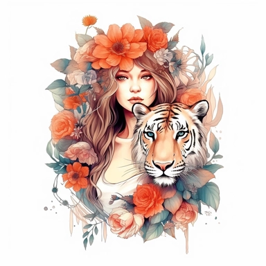 Girl with tiger and flowers, illustration clipart, detailed, black outline, white background, digital art, watercolor