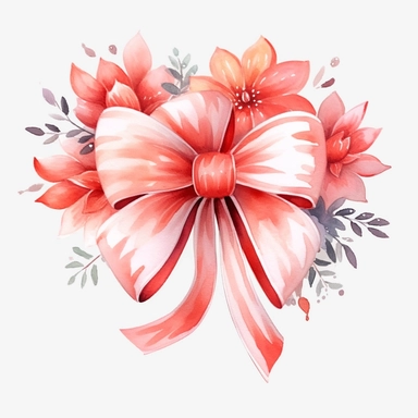 Generate clipart of a magical floral watercolor-style gift bow , in pastel red light tones, high detail, 8k, white background, clipart