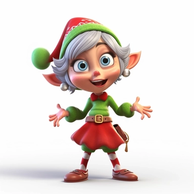 clipart of a crazy female christmas elf, there is a funny face on it, cartoon, for kids, funny, pixar, 8k, white background, sharp focus, detailed,