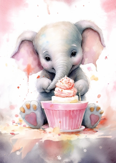 cute elephant sitting down eating a cup cake, clipart, water colour hd,