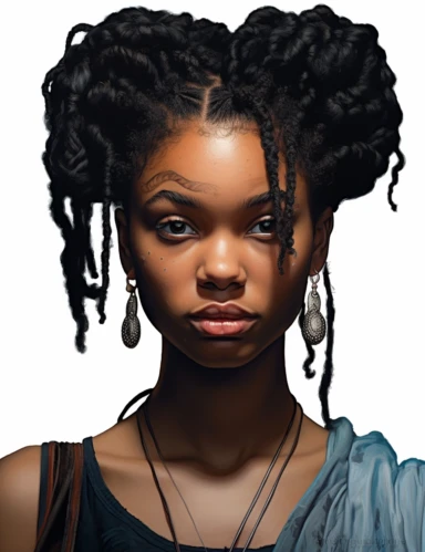 hasselblad 24 mm three quarters shot of a gorgeous african american woman with blue eyes, clipart, Composition: Relaxed position with intricate high hairstyle, smiling, detailed natural skin, Style: Nu-Goth, white background, hyperrealism, 32k