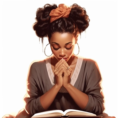 A beautiful black woman fashionista with praying on her knees with the bible next to her, no candles in the background, Hair in a french roll hairstyle, feminine, chic, elegant, posing, with a macro lens, clip art seed