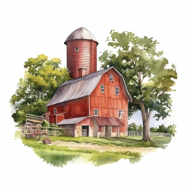 very detailed watercolor red barn with silo, country side, trees, ball of hey, svg graphics, in the style of realistic landscapes, j.c. leyendecker, monumental murals, colorized, white background, clipart, vintage cut and paste
