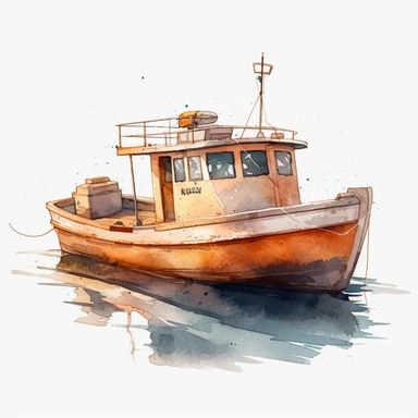 small fishing boat clipart, watercolor illustration, simple, clean, peaceful fishing, ultra-realistic, isolated on the white background, golden hour, translucent, very detailed, hd