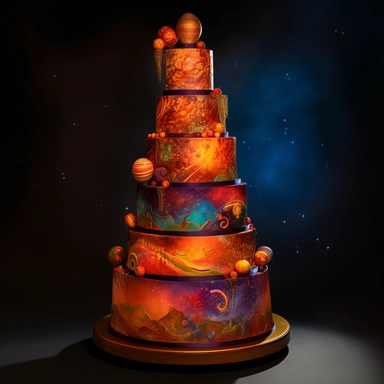 Interactive fire cake, 5-tier, spherical design, each tier representing a celestial body in the couple's unique layer, hand-painted with edible luminescent colors, creating an ethereal glow in dim lighting, a motorized, food-safe mechanism enabling the tiers to rotate slowly, decorated with sugar constellations depicting the couple's love story, an embedded touchscreen interface allowing guests to explore the cake's design, and a built-in, synchronized light and sound show that activates when th