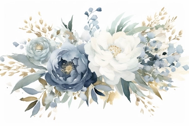 dusty blue and white flowers, peonies, austin roses, big blooms, with muted green whispy foliage with gold flicks, elegant and beautiful floral clipart for wedding invitations, delicate, watercolor, oil painting, defined edge on white background