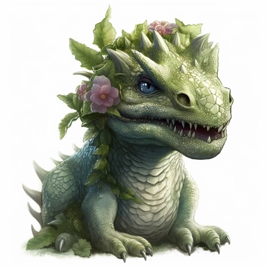 baby green dragon, visible teeth, scary face, angry, few vibrant flowers grows on his neck, very detailed, clipart, white background