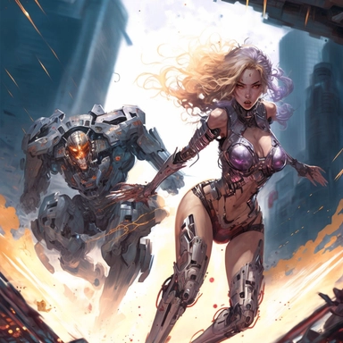 (((best quality))), (((ultra detailed))), (((masterpiece))), illustration, two women, bikinis, transparent, muscular, toned, futuristic, battle armor, powerful weapons, attack, defend, dynamic, agile, ruins, city, crumbling buildings, debris, sparks, clashing, incredible detail, advanced tools, techniques, focus, fighting abilities, futuristic atmosphere, intensity, excitement, Hayao Miyazaki, Osamu Tezuka, Gosho Aoyama, CLIP STUDIO PAINT