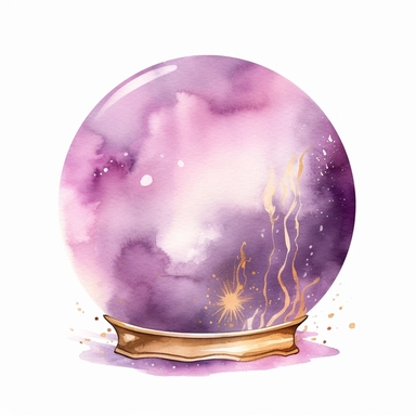 Crystal Ball, in the style of watercolor illustrations, pink and gold, soft lilac, magical and mystical, galaxy elements, modern minimal watercolor, on white background, clipart