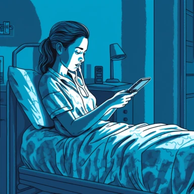 clipart of woman in a hospital bed looking at her phone, shades of blue
