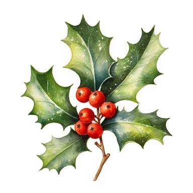 christmas holly watercolour clipart, bright colours, isolated white background