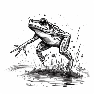 Draw a simple outline of a frog jumping into a mud puddle and getting covered in mud. The background should be a simple grassy field. Bold lines and black ink on white background. Make sure to leave some space for children to color. Black and white. Clipart or cartoon style.