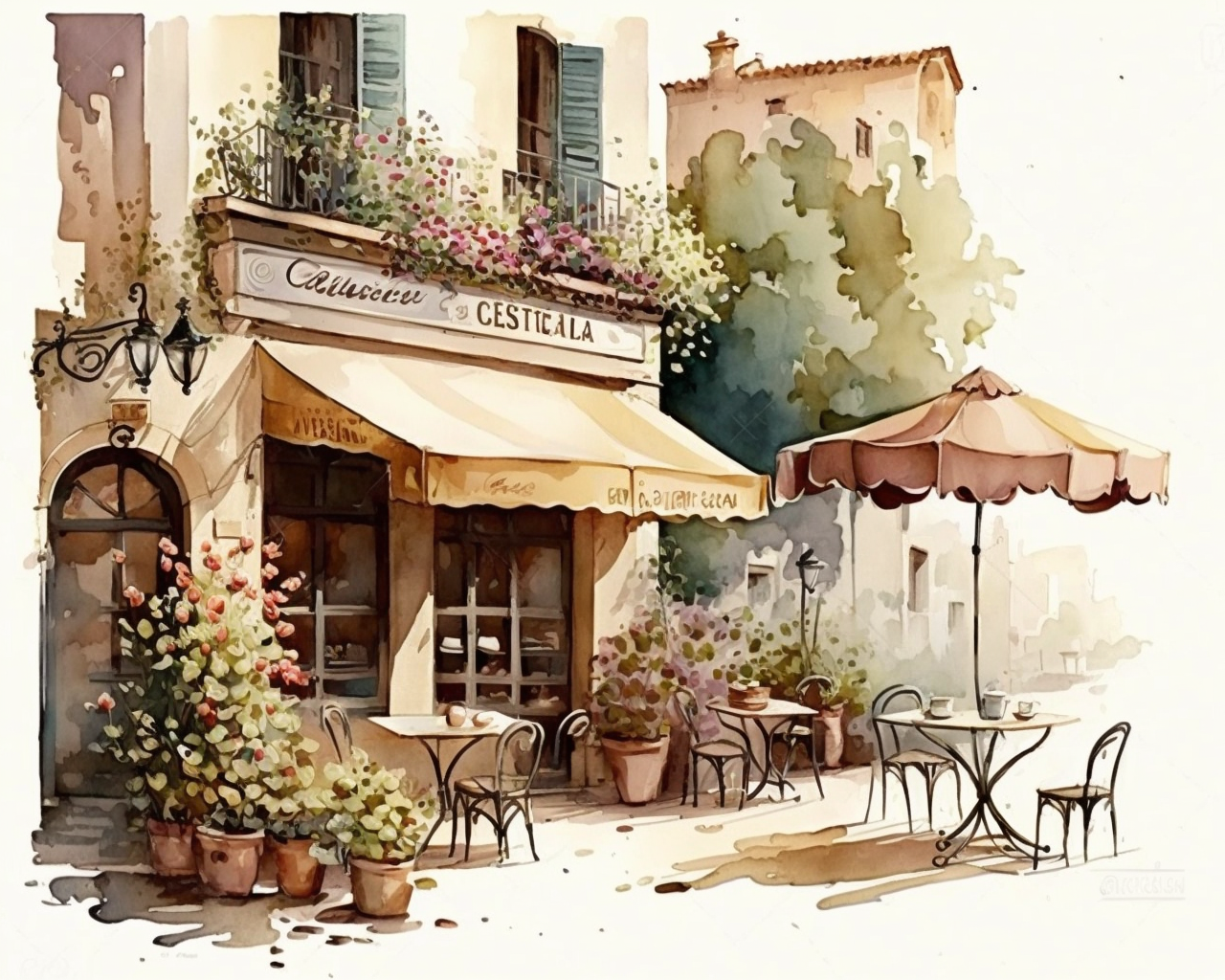 Clipart, watercolor painting, coffee shop As the gentle breeze carries ...