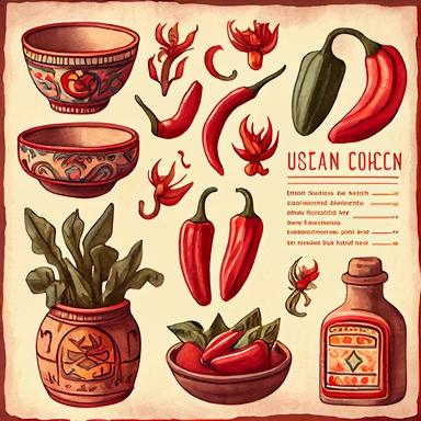 Draw a set of watercolor-style clip art images that feature red chilis that resemble Mexican ceramics and tiles. The images should have a rustic and intricate aesthetic, and should incorporate elements such as shape of country of Mexico in various shapes and sizes with traditional Mexican patterns and designs, made from different colors and shades. The images should be depicted in a variety of different styles and sizes, and should be adorned with details such as texture, shading, and other real