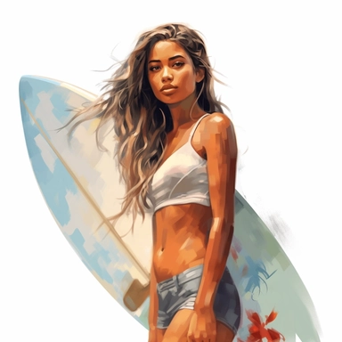 beautiful stunning pretty young surfer hawaiian woman , paint art style, clipart, white background, superrealistic, one of a kind