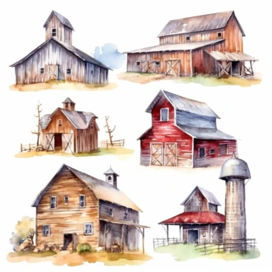 watercolor Old west style barns, illustrations clipart set, simple, , cartoon elements ,different variants , separate elements with a margin