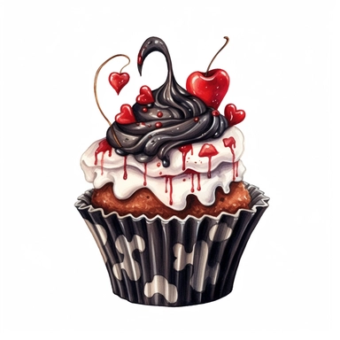 delicious halloween cupcake with queen of hearts, watercolour illustration clipart, extremely detailed, 4k, high quality, colour scheme black, red and white , , isolated on white background - <@1098423716465102849> (relaxed) - <@1098423716465102849> (rela