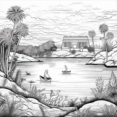 river through ancient Egypt, b&w lineart, minimalist style, white background, full body, picture, coloring book style on white background, well composed, clean coloring book page, No dither, no gradient, strong outline, No fill, No solids, vector illustration, clipart, simple, cartoon –ar 9:11 –v 5