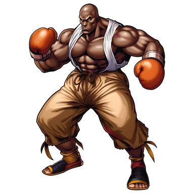 Balrog, street fighter character, neogeo, clipart, proportionally enormous arms, pick wu, full body, A tall and muscular African American boxer with a bald head, a black tank top, and boxing gloves.