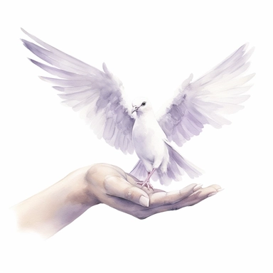 Loving Hands: A watercolor clipart portraying two hands releasing a dove, symbolizing the act of letting go yet maintaining love and memory. The hands are painted in Dove White and Silver Grey, while the dove is a blend of Dove White and Lavender Gray.