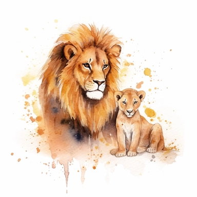 watercolour clipart, loin and baby lion, rich earth tones, sublimations