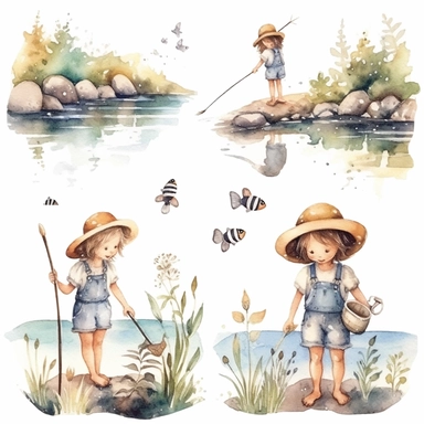 Watercolor boho fishing near a beautiful stream, illustrations clipart set, simple, soft colors, cartoon elements, different variants, cute little boy and girl fishing, separate elements with a margin