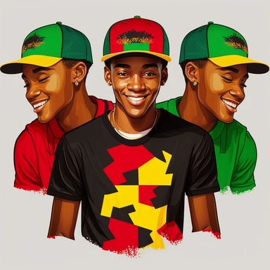 clipart, high-resolution, cartoon black handsome young man, strong, proud, joyful, wearing 3 panel baseball cap, red panel, green panel, gold panel, transparent background