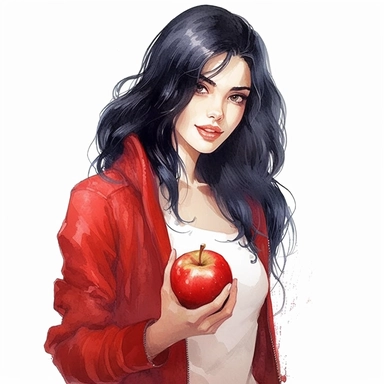 a black haired beautiful snowwhite in modern clothes buying a red apple and grinning watercolor high detail clipart