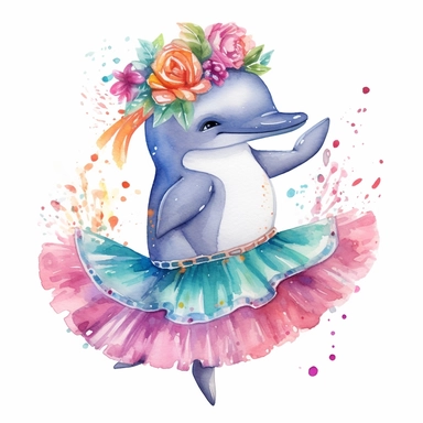please create watercolor clipart of a dolphin, smiling, full body view wearing party prop ballet skirt and tiara, colorful