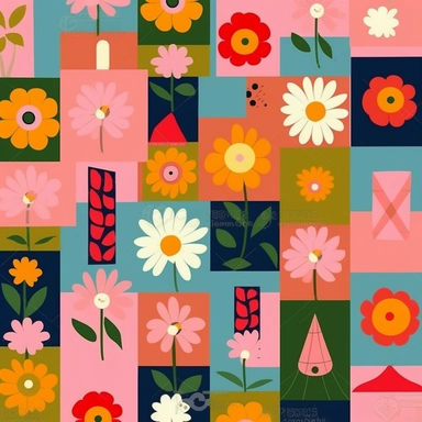 Quirky Whimsical Magical Seamless Pattern Volumous Flowers mix with rectangle, triangle, circle, square Clipart Cartoon, 3D, hrd, 8K, high resolutions