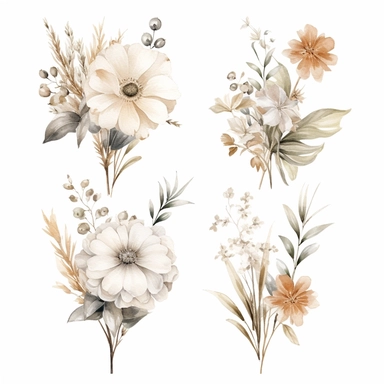 Watercolor Elegant Neutral Colors whites, creams and grays Bohemian Bouquets, Floral Clipart, Bohemian Wild Flowers, Bohemian Bouquet Watercolor, 8k