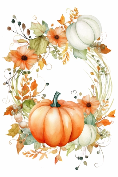 Halloween clipart, orange pumpkin flower Delicate watercolor illustration, White background, Cozy, clear picture, 8k, hd, isolatee on a white background, Wreath, Frame Clip Art