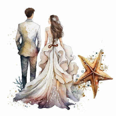 Boho nautical style, wedding bride and groom, back view, seastar, seashell, fantasy, white background, watercolor, hyperrealism, high detail, separate elements, set, clipart