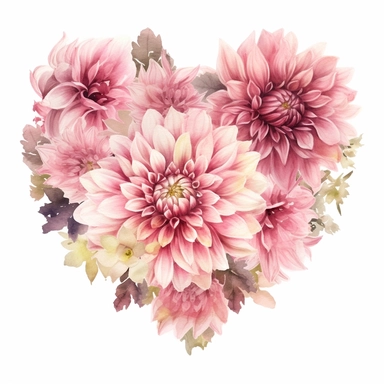 a heart shape made with pink and pastel pink Dahlia flowers, wet on dry watercolour style, antique look, clipart, white background