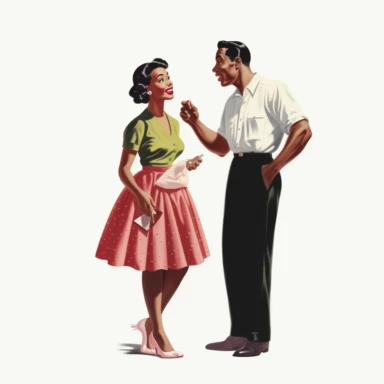 vintage 1950s illustration black woman talking to husband Clipart, on a white background, vintage aesthetic, character focus, 4K resolution, no background, realistic rendering, use using Cinema 4D