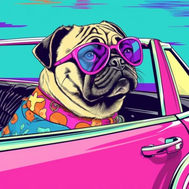 a pug being a diva sitting in a convertible car, colorful, clipart style, line art