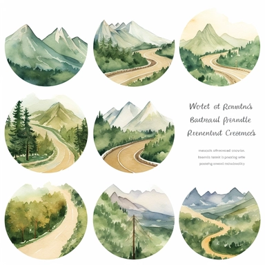 Hand-painted watercolor clipart set on white background featuring the breathtaking scenery of a cycling path in the mountains. This set captures the awe-inspiring beauty of mountainous landscapes with a winding cycling path nestled amidst towering peaks, lush forests, and cascading waterfalls. The color palette reflects the natural tones of the mountains, including shades of greens, blues, and earthy hues. Created with meticulous brushstrokes, inviting you to embark on an adventurous cycling jou