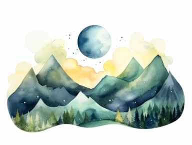 Simple mountain range with Whimsical rolling hills and mountains for a children's book, night scene, watercolor, clipart, white background,