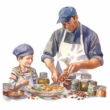 A father and son cooking together in the kitchen, wearing chef hats and aprons, Watercolor, Clipart, detailed, high resolution, transparent background PNG