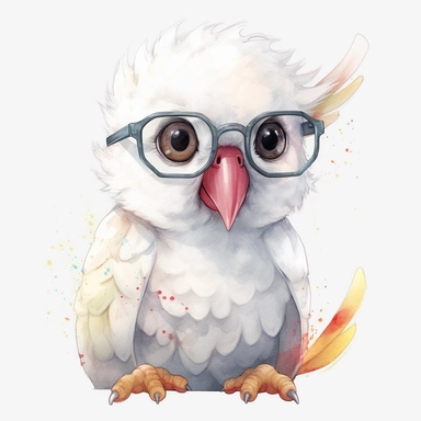 kawaii adorable baby cockatoo wearing cute glasses, nursery art, clipart image, line art image, white background, inspired by yoshitaka amano art, very detailed, 8k