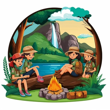 girl scout group sitting around fireplace with tent in the forest mountains and river in the background clipart no text