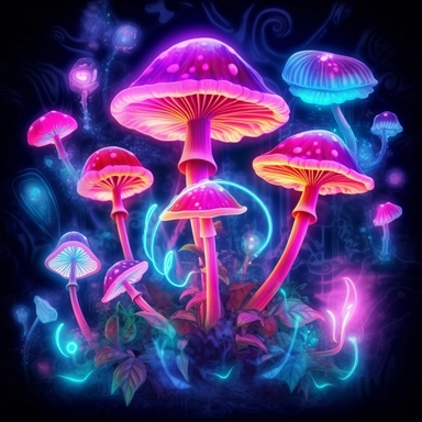 Pink High-Resolution magic Mushrooms, Fantasy clipart, neon lights, roses, lotuses , clear patterns with high colour variation, leafs, hearts, stars shining , light green colour, fancy colours