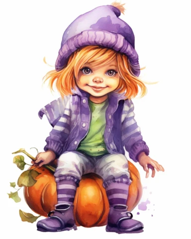 portrait of a happy cute little girl a five year old, pumpkin, Helloween, no hat, purple jacket, style by Lusy Fleming, folk art, watercolor, clipart elements, smooth gradients, black contour outline, ultra detailed, white background, super clear, high quality