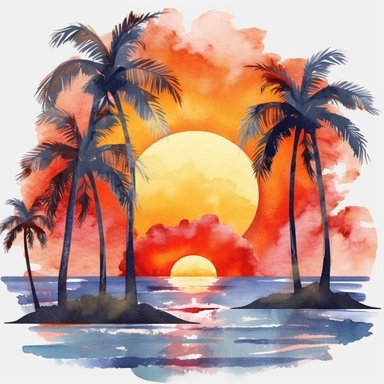 watercolor tropical sunsets clipart, beach landscape