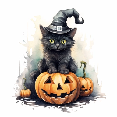 mystical fantasy cute watecolor laying witchy black cat with big halloween pumpkin clipart, hd 4k, detailed, focused, isolated on white background